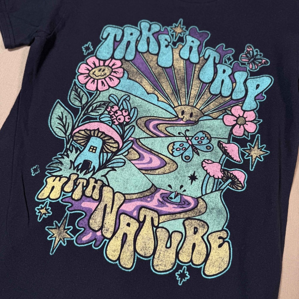 Take A Trip With Nature Graphic Tee Navy Blue Mushroom Psychedelic Small